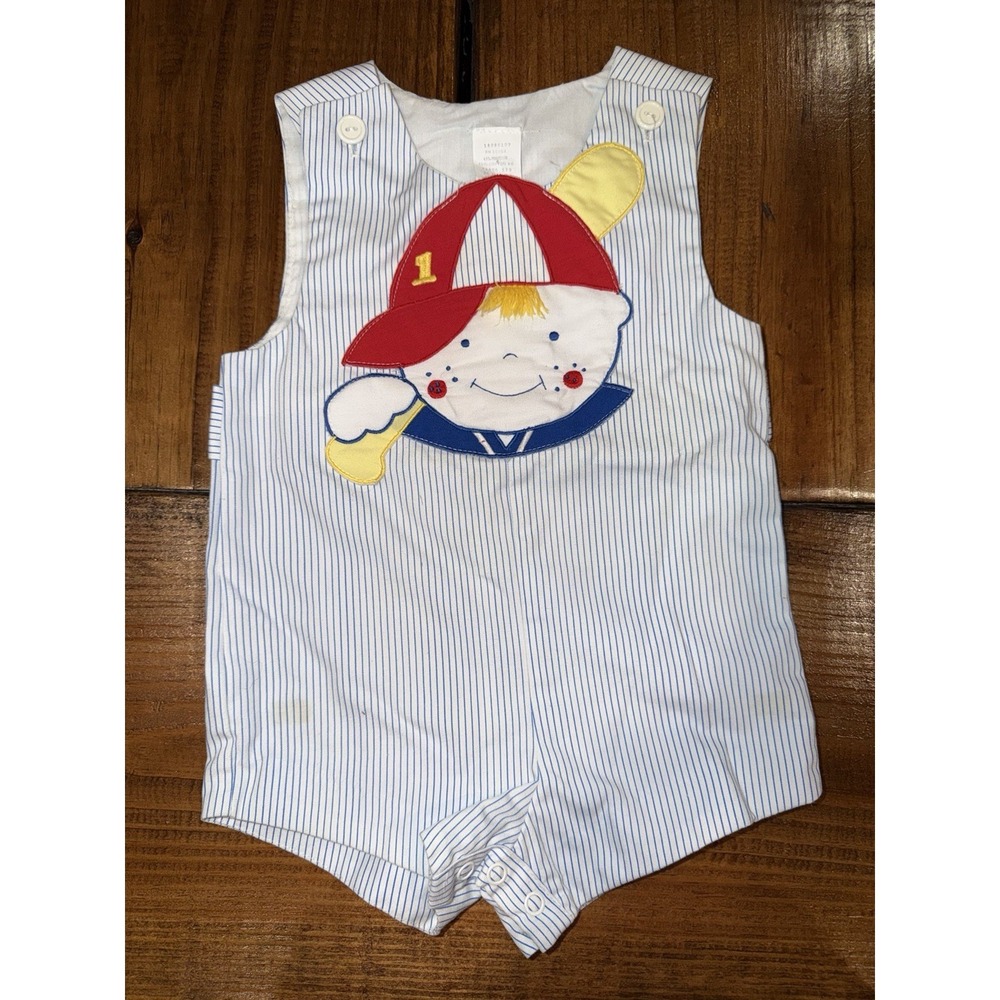 Vintage Baby‎ Togs Boys 24M White Romper Nautical Embroidered Baseball Face